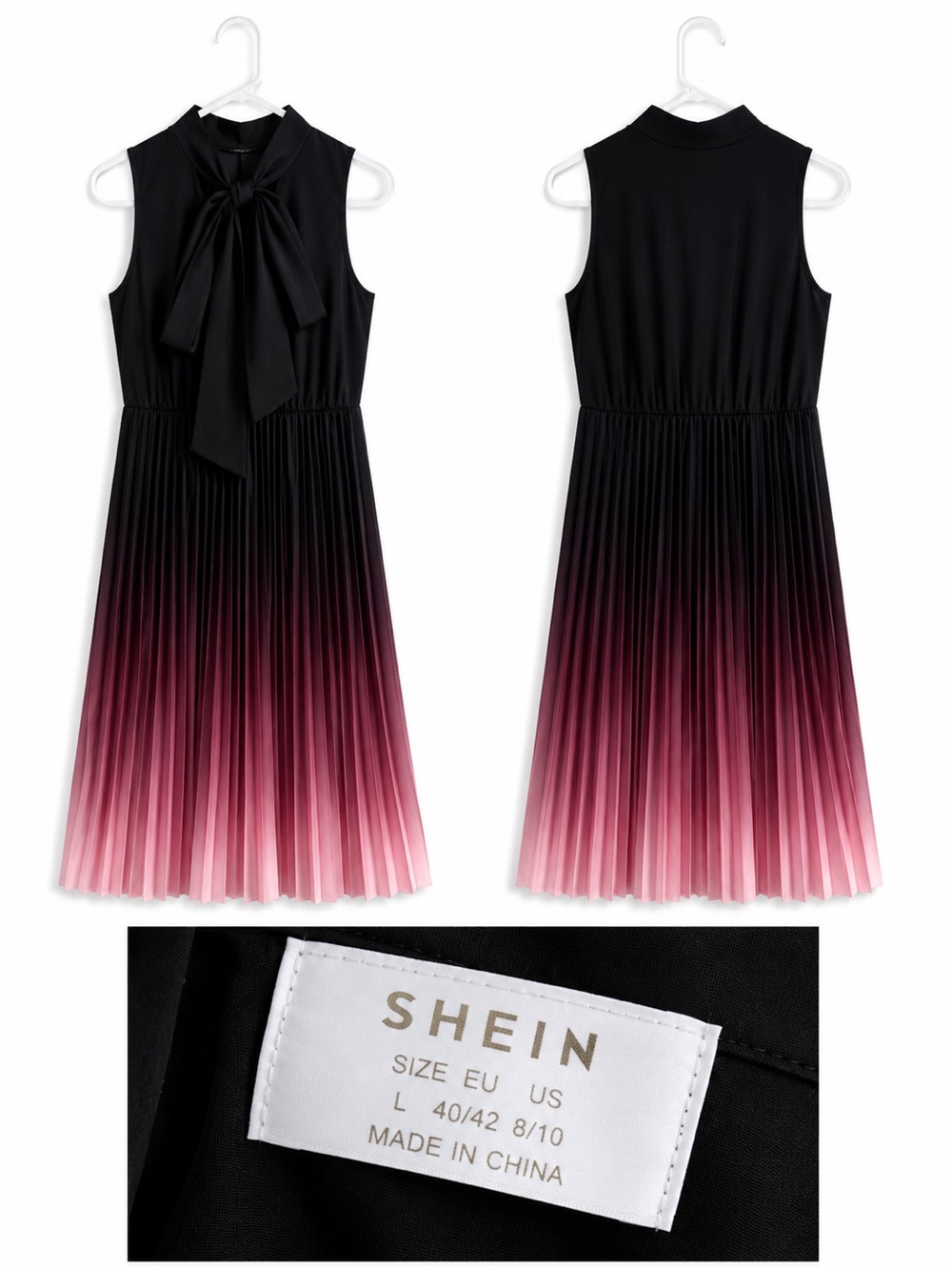 SHEIN Black to Pink Ombre Pleated Bow-Front Kids Dress